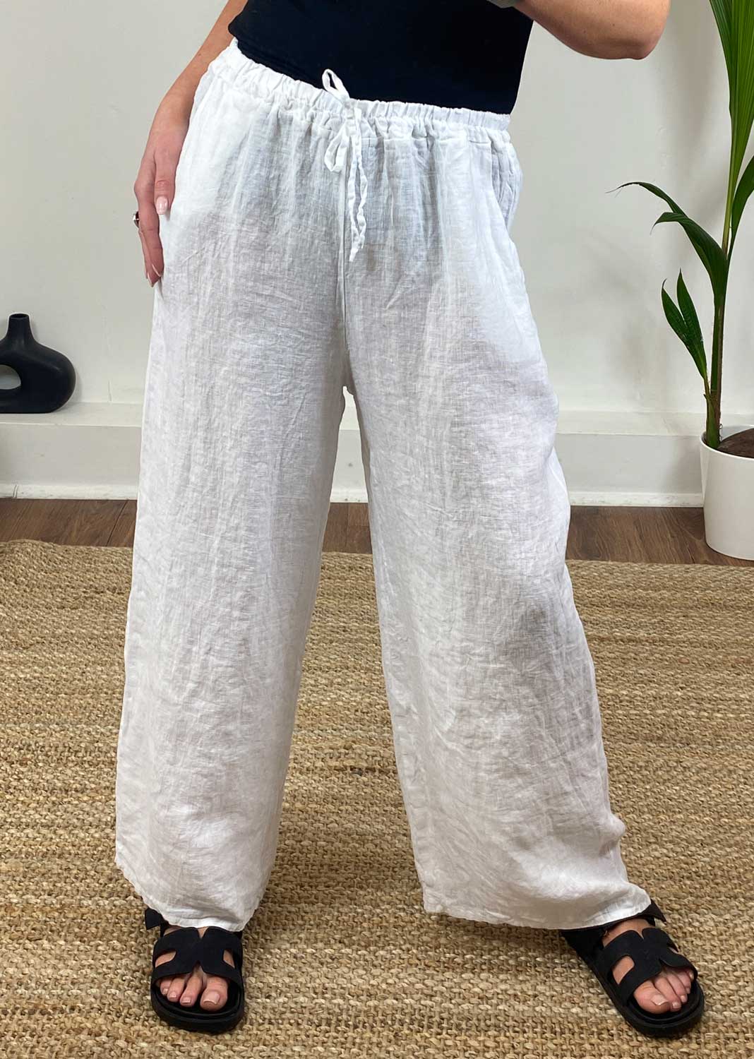 Caroline Wide Leg Linen Pants in White