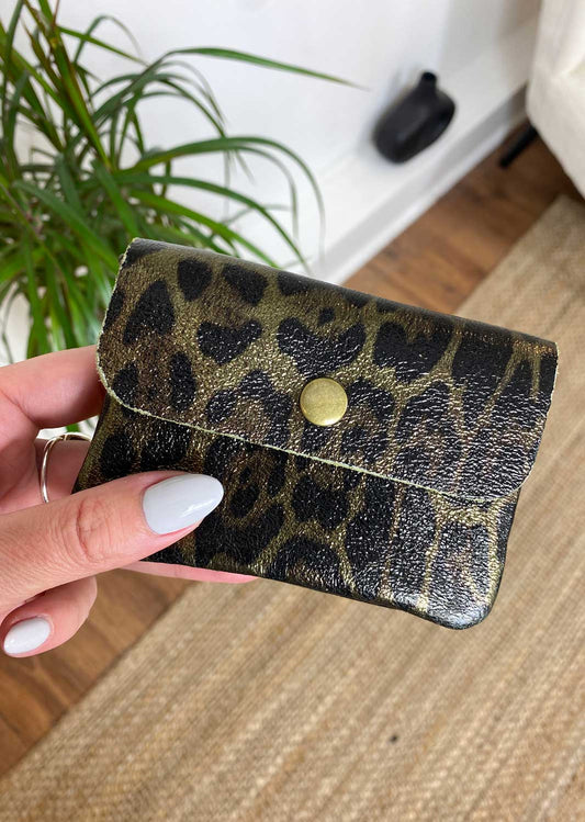 Small Metallic Leather Coin Purse - Khaki Leopard