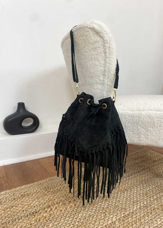 Dutton Suede Fringe Bucket Bag in Black