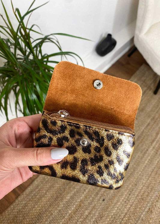 Small Metallic Leather Coin Purse - Gold Leopard